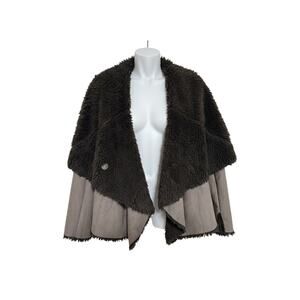 Fever Faux Fur Open Front Jacket L Brown Sherpa Lined Asymmetrical Hem Cozy